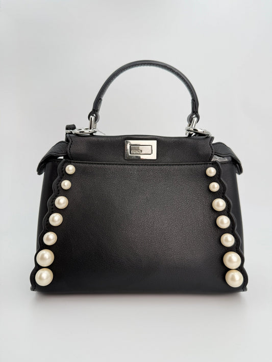 (AJ17) Fendi Black Calf Leather Pearl Embellished Small Peekaboo, Silver Hardware