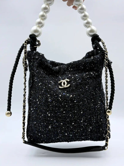 (AJ57) Chanel Limited 19S Black/Blue Tweed Sequin Oversized Pearl Small Tote Bag, Champagne Gold Hardware