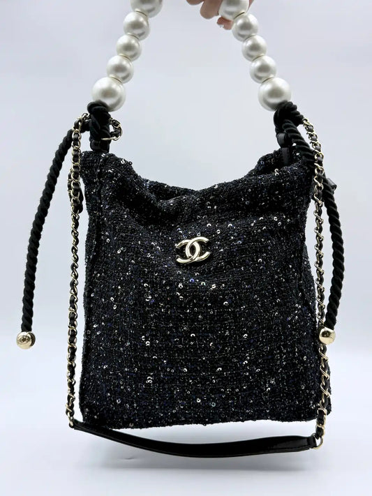 (AJ57) Chanel Limited 19S Black/Blue Tweed Sequin Oversized Pearl Small Tote Bag, Champagne Gold Hardware