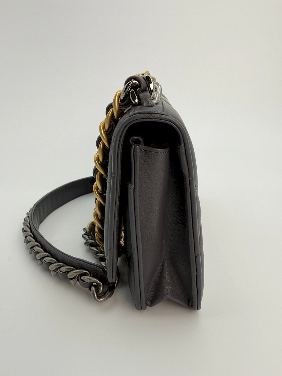 (AJ18) Chanel Grey Lambskin 19 Wallet on Chain, Gold/Silver/Ruthenium Hardware