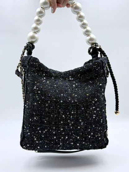 (AJ57) Chanel Limited 19S Black/Blue Tweed Sequin Oversized Pearl Small Tote Bag, Champagne Gold Hardware