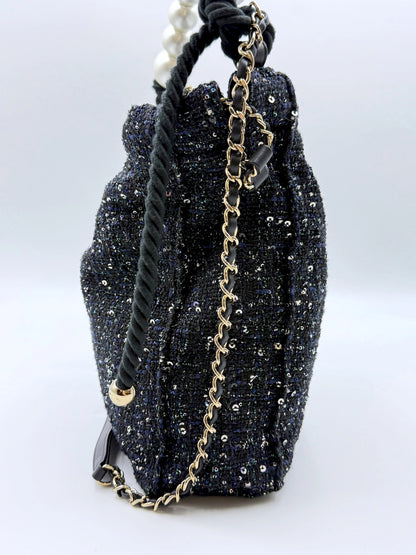 (AJ57) Chanel Limited 19S Black/Blue Tweed Sequin Oversized Pearl Small Tote Bag, Champagne Gold Hardware