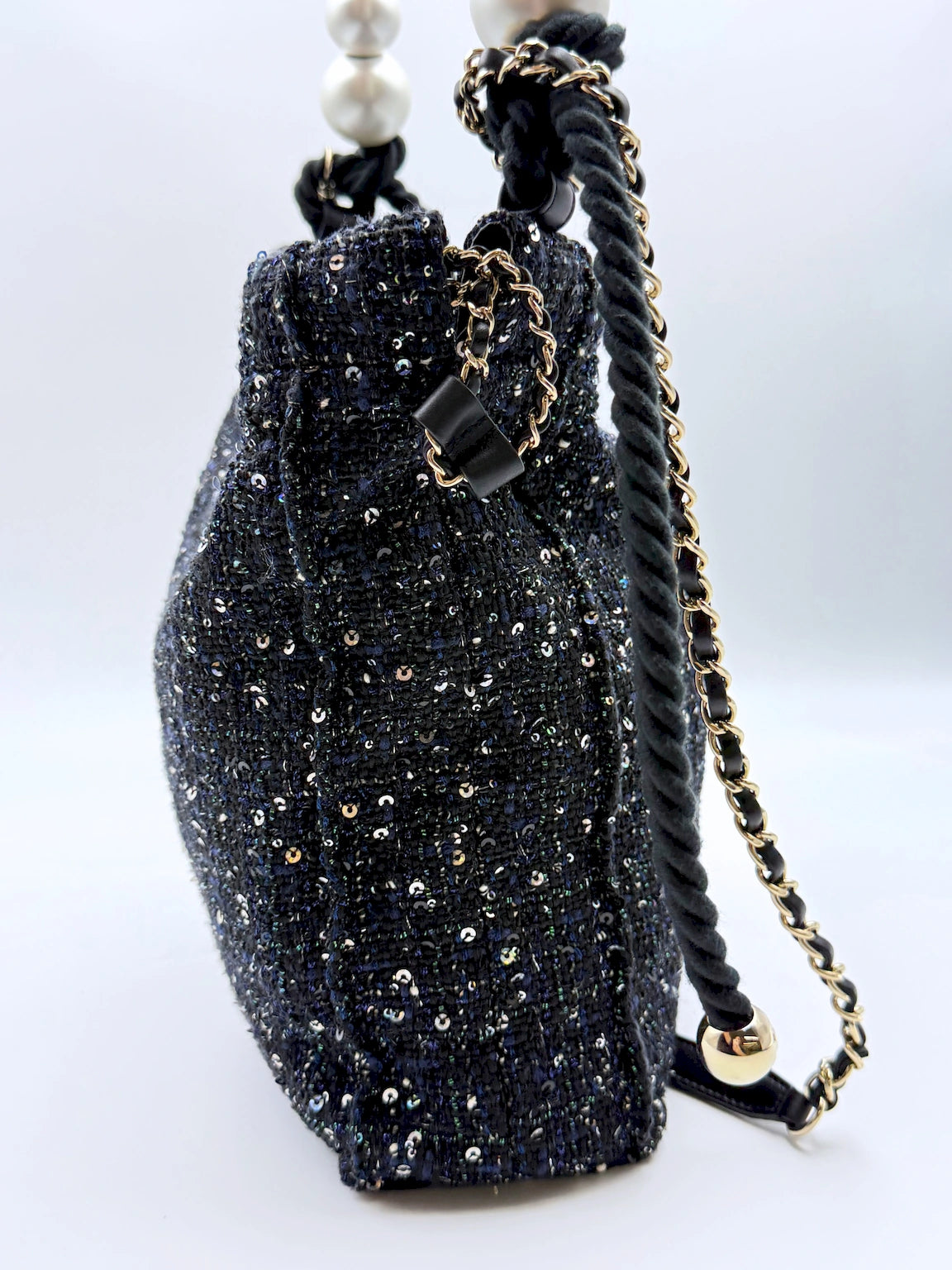 (AJ57) Chanel Limited 19S Black/Blue Tweed Sequin Oversized Pearl Small Tote Bag, Champagne Gold Hardware