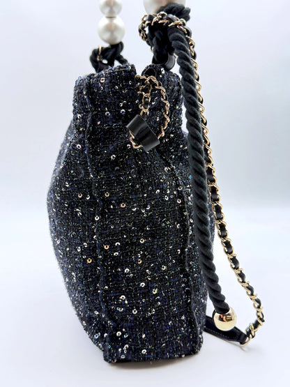 (AJ57) Chanel Limited 19S Black/Blue Tweed Sequin Oversized Pearl Small Tote Bag, Champagne Gold Hardware