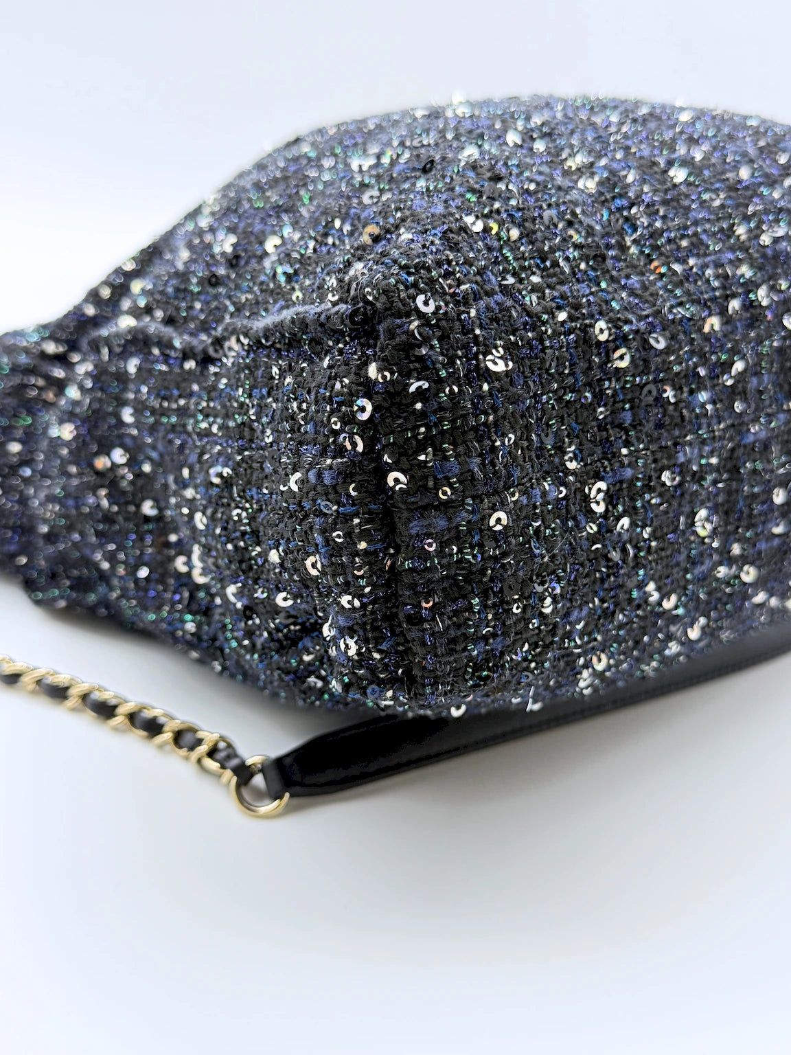 (AJ57) Chanel Limited 19S Black/Blue Tweed Sequin Oversized Pearl Small Tote Bag, Champagne Gold Hardware