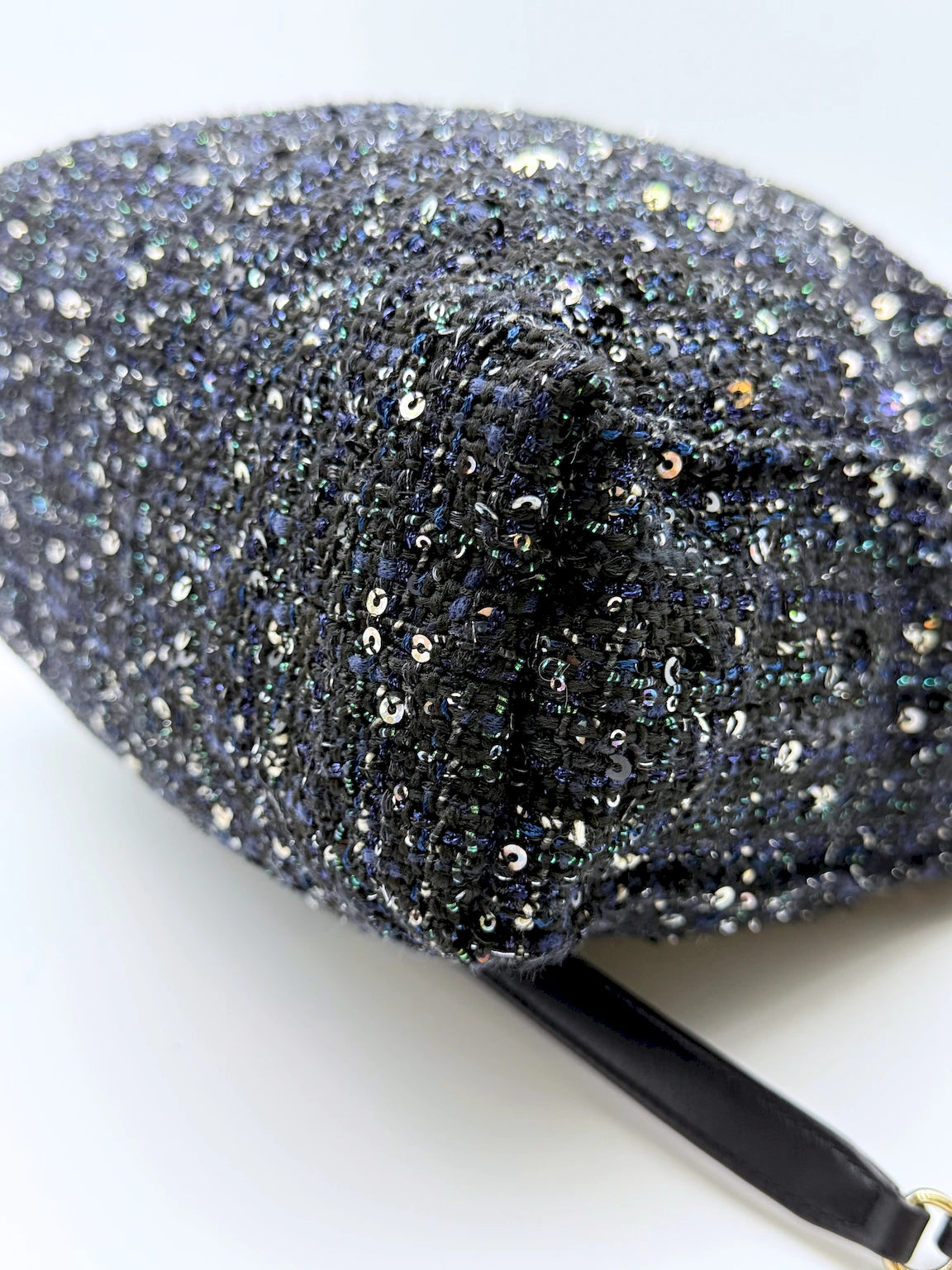 (AJ57) Chanel Limited 19S Black/Blue Tweed Sequin Oversized Pearl Small Tote Bag, Champagne Gold Hardware