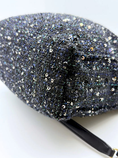 (AJ57) Chanel Limited 19S Black/Blue Tweed Sequin Oversized Pearl Small Tote Bag, Champagne Gold Hardware