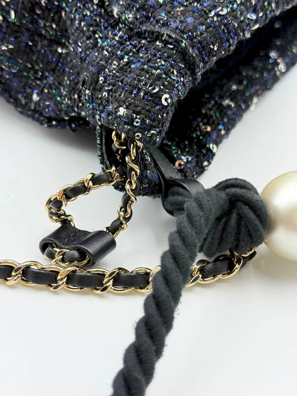 (AJ57) Chanel Limited 19S Black/Blue Tweed Sequin Oversized Pearl Small Tote Bag, Champagne Gold Hardware