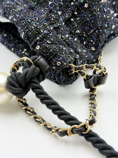 (AJ57) Chanel Limited 19S Black/Blue Tweed Sequin Oversized Pearl Small Tote Bag, Champagne Gold Hardware