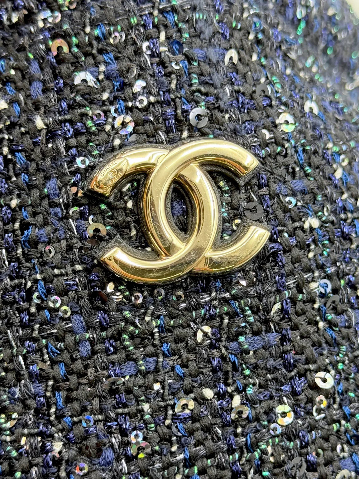 (AJ57) Chanel Limited 19S Black/Blue Tweed Sequin Oversized Pearl Small Tote Bag, Champagne Gold Hardware