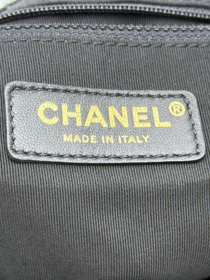 (AJ57) Chanel Limited 19S Black/Blue Tweed Sequin Oversized Pearl Small Tote Bag, Champagne Gold Hardware