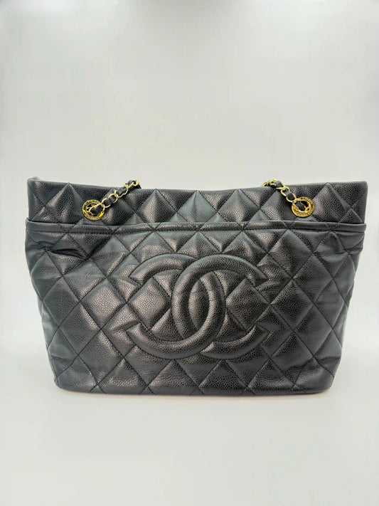 (AJ55) Chanel Black Caviar Timeless Tote, Gold Hardware