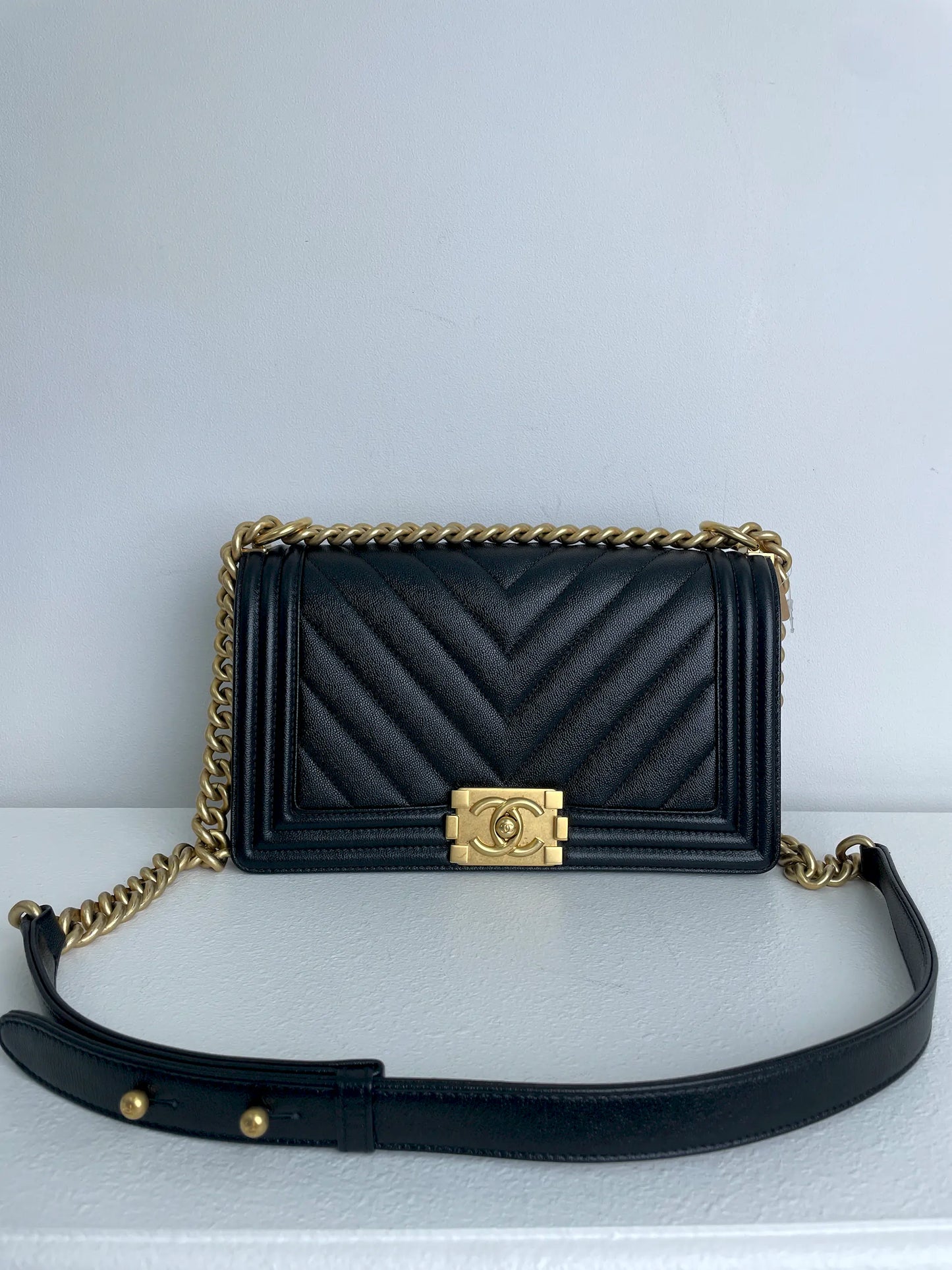 (A33) Chanel Black Caviar Chevron Medium LeBoy Antique Gold Hardware