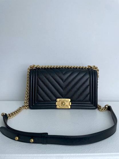 (A33) Chanel Black Caviar Chevron Medium LeBoy Antique Gold Hardware