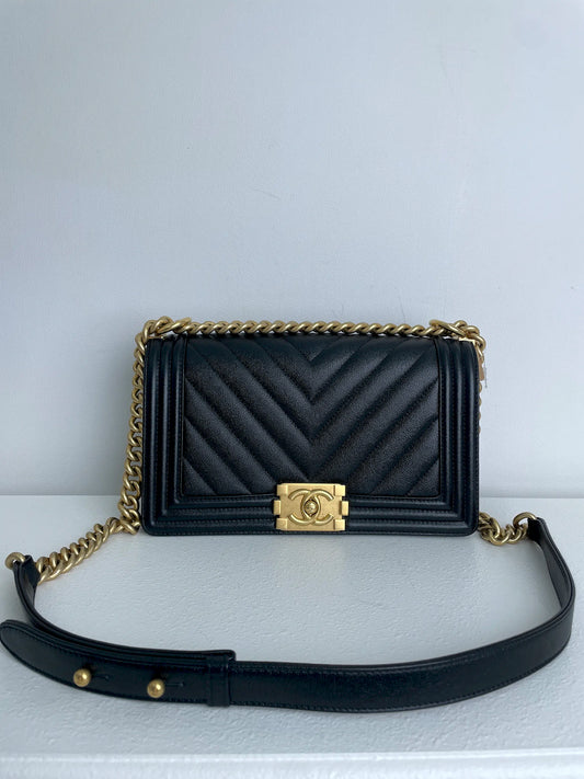 (A33) Chanel Black Caviar Chevron Medium LeBoy Antique Gold Hardware