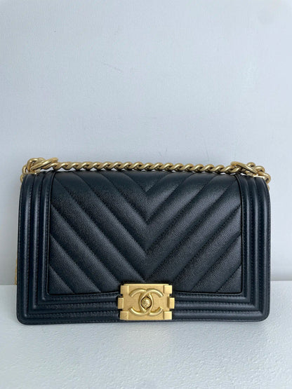 (A33) Chanel Black Caviar Chevron Medium LeBoy Antique Gold Hardware