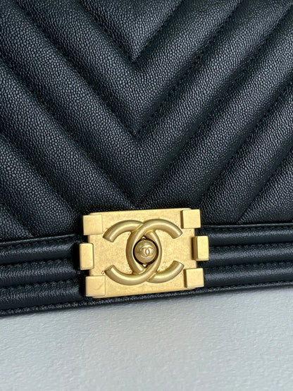 (A33) Chanel Black Caviar Chevron Medium LeBoy Antique Gold Hardware