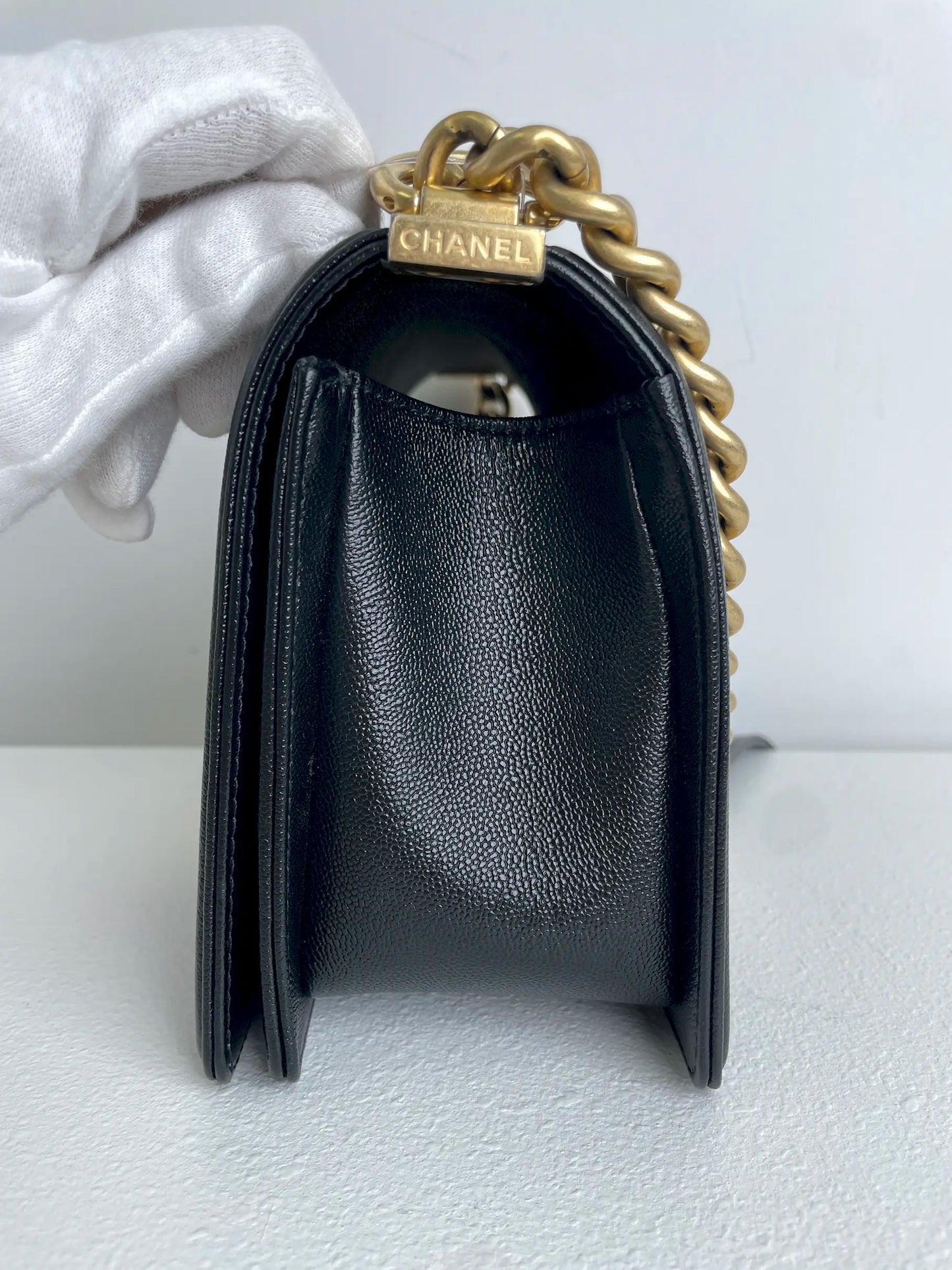 (A33) Chanel Black Caviar Chevron Medium LeBoy Antique Gold Hardware