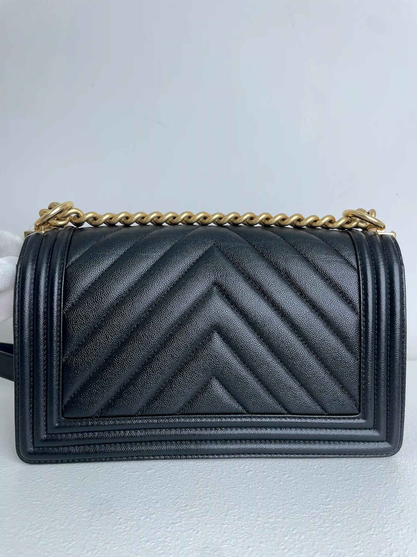 (A33) Chanel Black Caviar Chevron Medium LeBoy Antique Gold Hardware