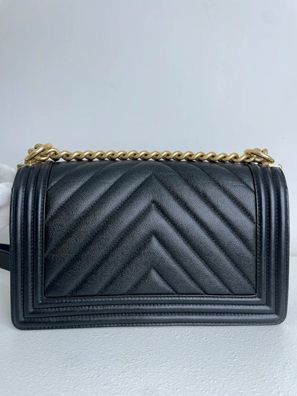 (A33) Chanel Black Caviar Chevron Medium LeBoy Antique Gold Hardware