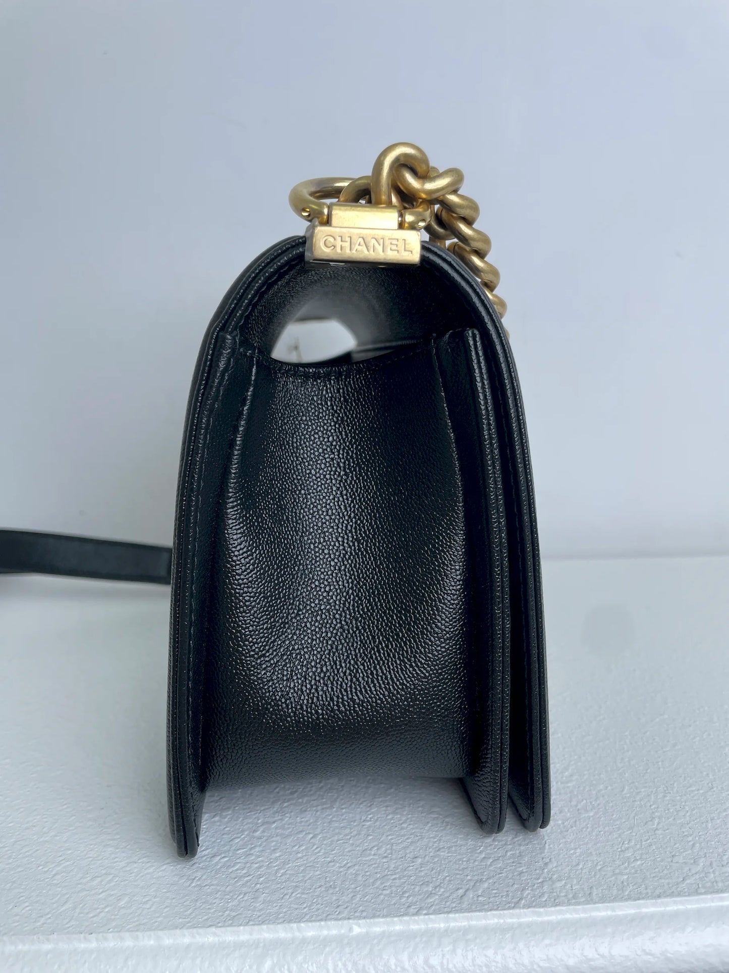 (A33) Chanel Black Caviar Chevron Medium LeBoy Antique Gold Hardware
