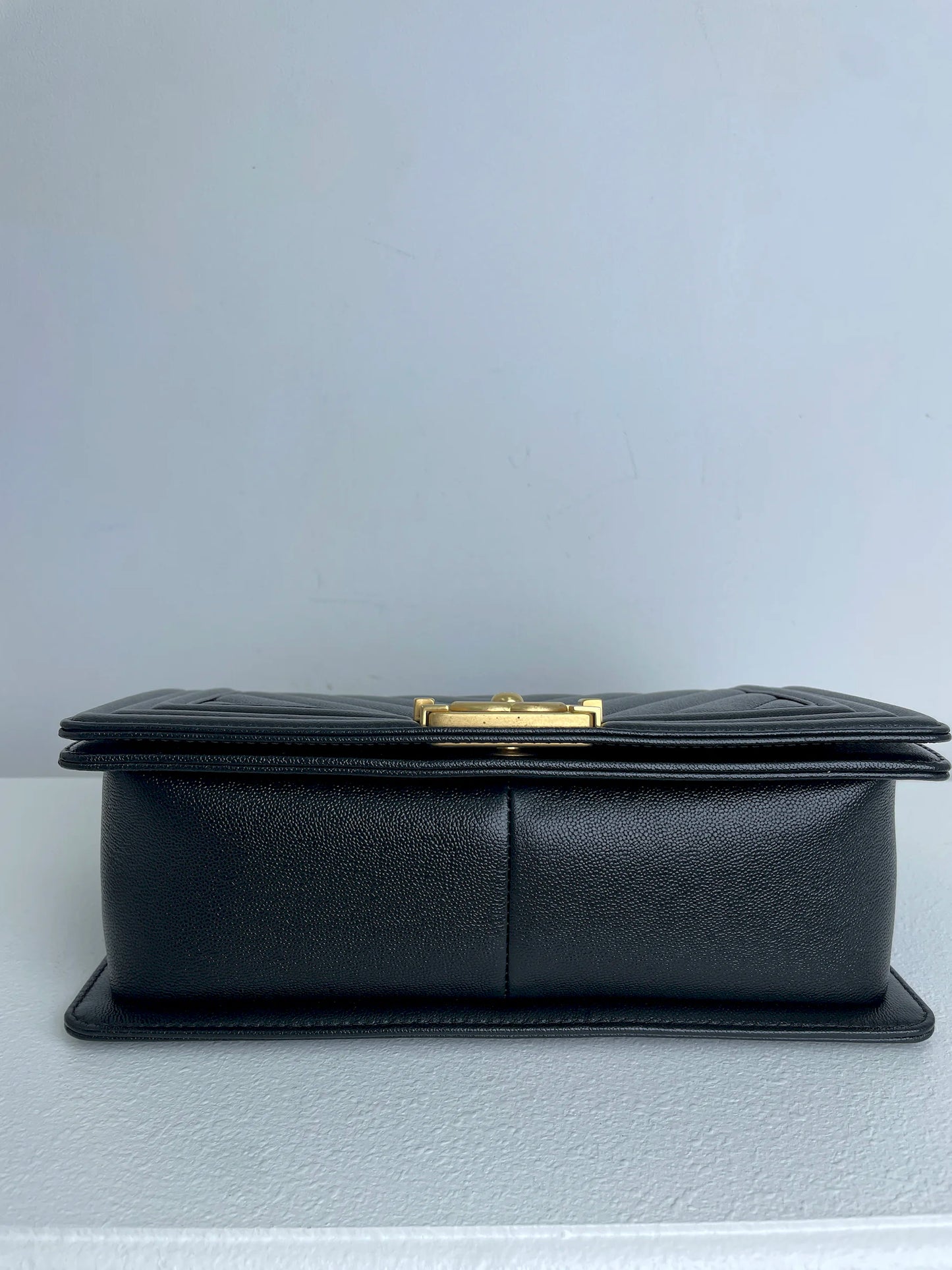 (A33) Chanel Black Caviar Chevron Medium LeBoy Antique Gold Hardware