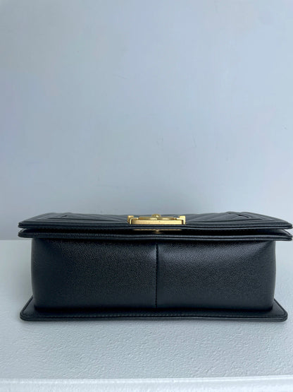 (A33) Chanel Black Caviar Chevron Medium LeBoy Antique Gold Hardware