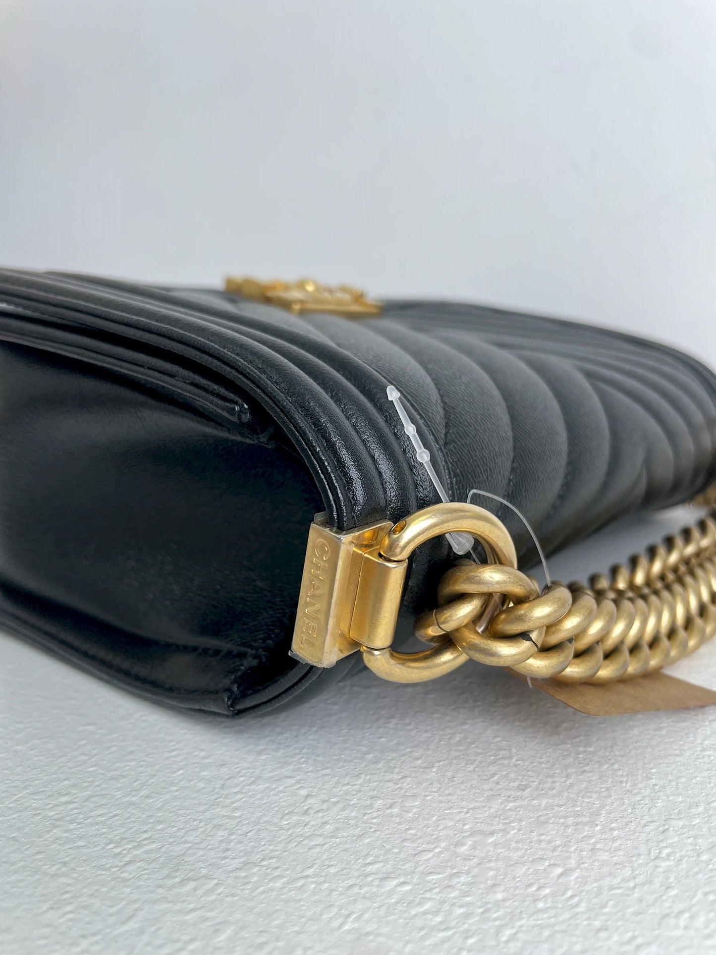 (A33) Chanel Black Caviar Chevron Medium LeBoy Antique Gold Hardware