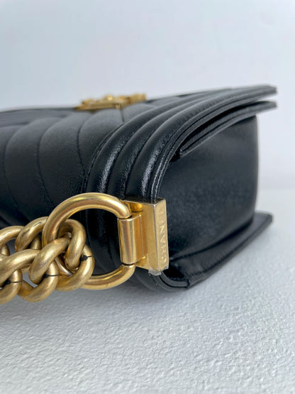 (A33) Chanel Black Caviar Chevron Medium LeBoy Antique Gold Hardware