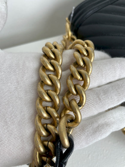 (A33) Chanel Black Caviar Chevron Medium LeBoy Antique Gold Hardware