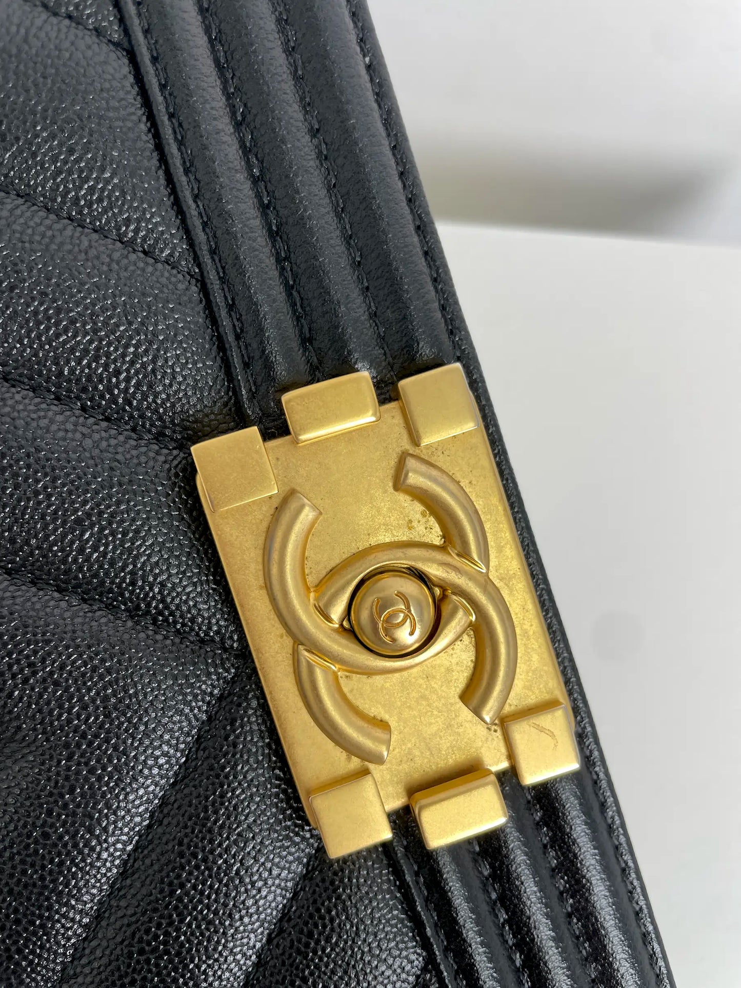 (A33) Chanel Black Caviar Chevron Medium LeBoy Antique Gold Hardware