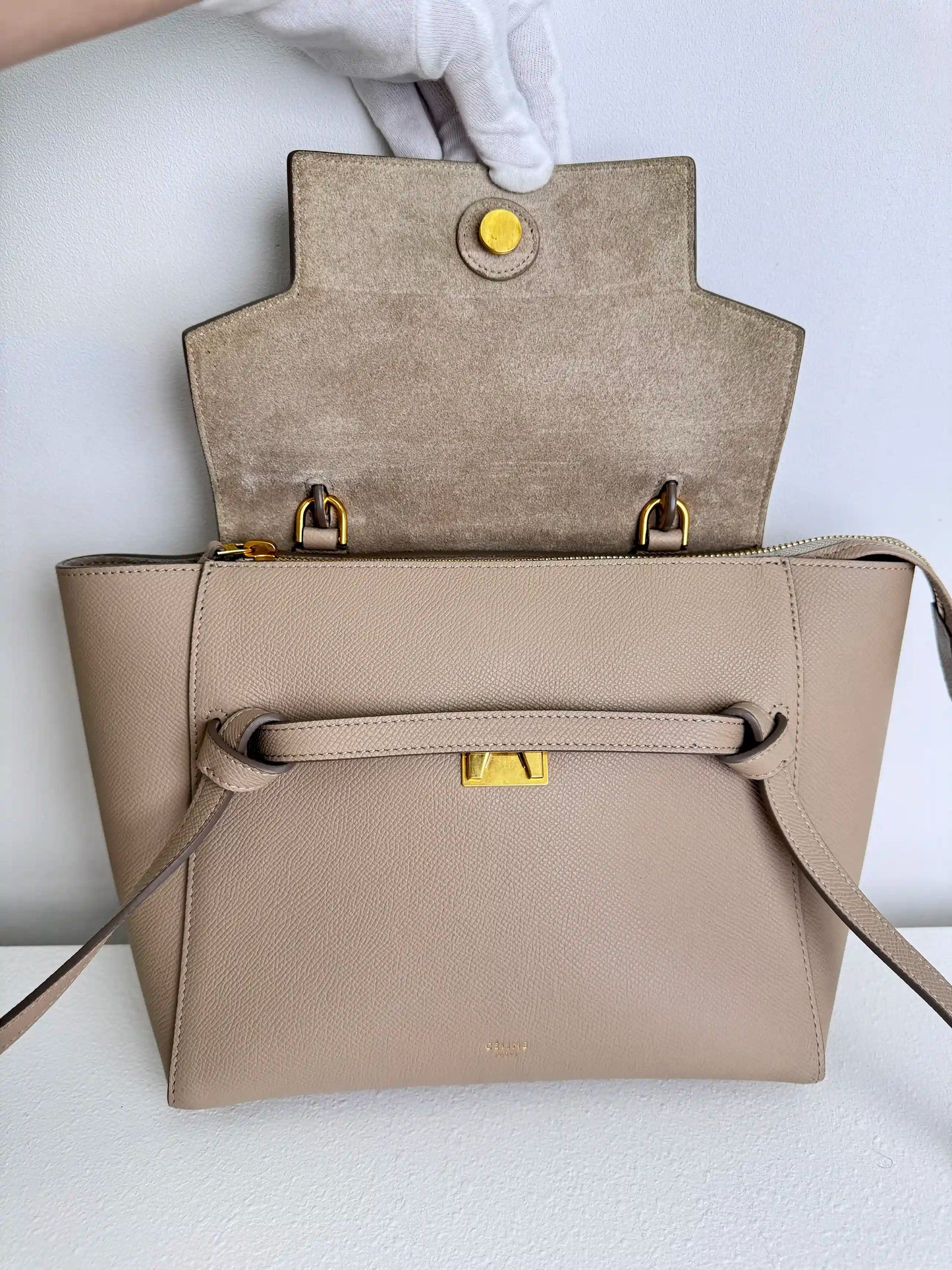 (A13) Celine Taupe Beige Nano Belt Bag Gold Hardware Removable Strap