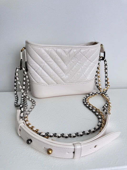 (A18) Chanel White Calfskin Chevron Small Gabrielle Gold/Silver/Ruthenium Hardware Series 29 Year 2020 Light Mark on Bottom