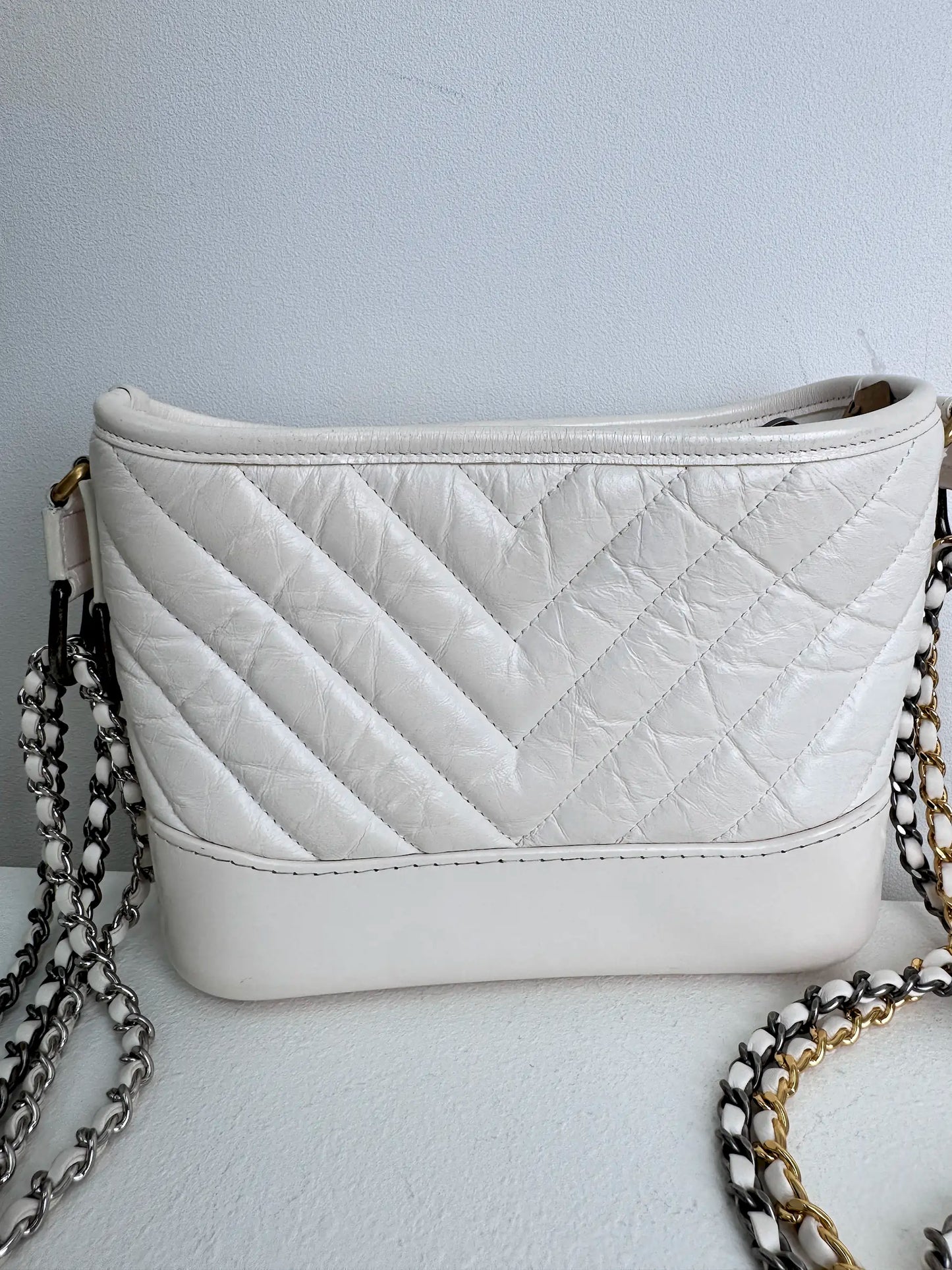 (A18) Chanel White Calfskin Chevron Small Gabrielle Gold/Silver/Ruthenium Hardware Series 29 Year 2020 Light Mark on Bottom