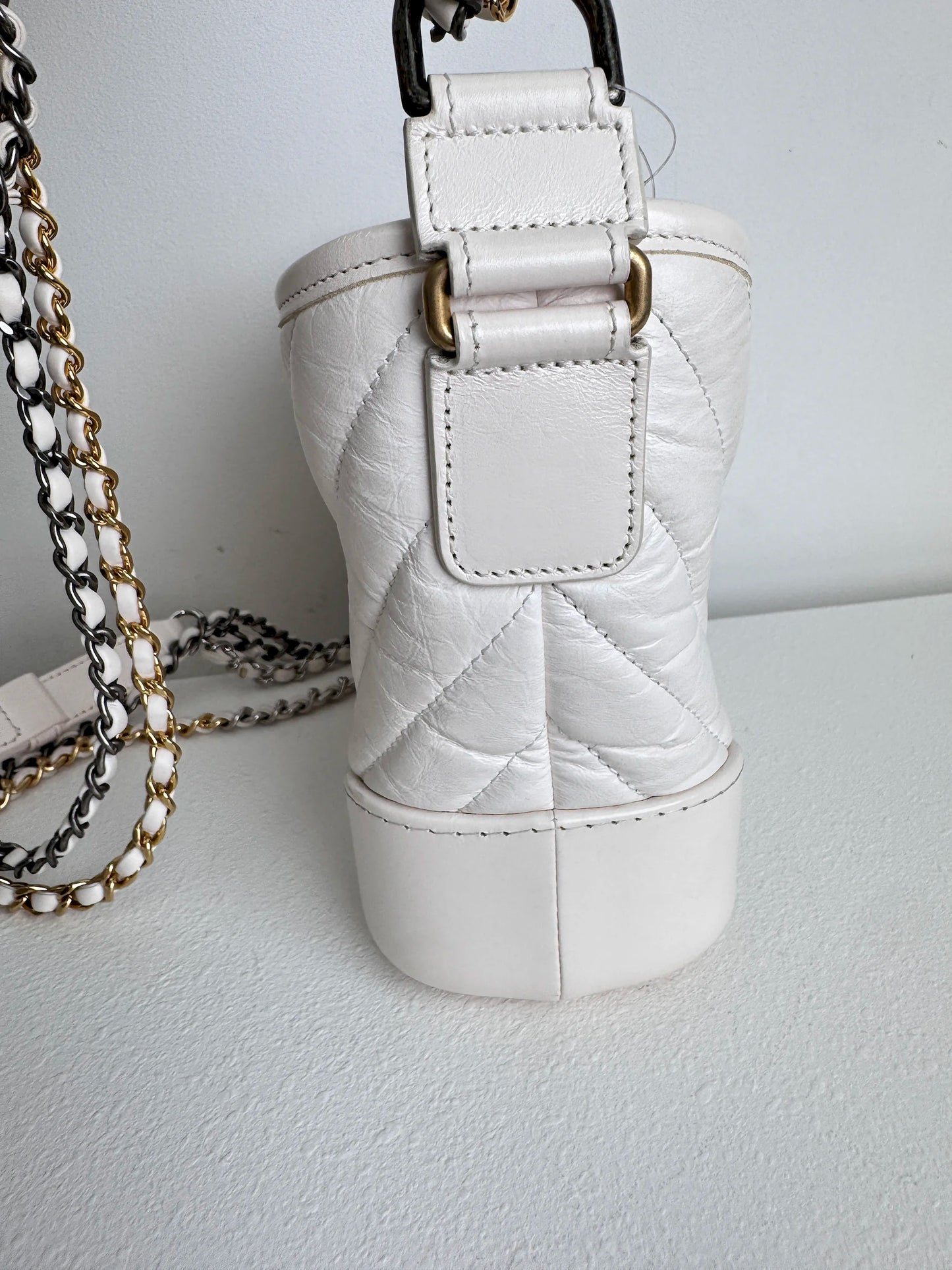 (A18) Chanel White Calfskin Chevron Small Gabrielle Gold/Silver/Ruthenium Hardware Series 29 Year 2020 Light Mark on Bottom