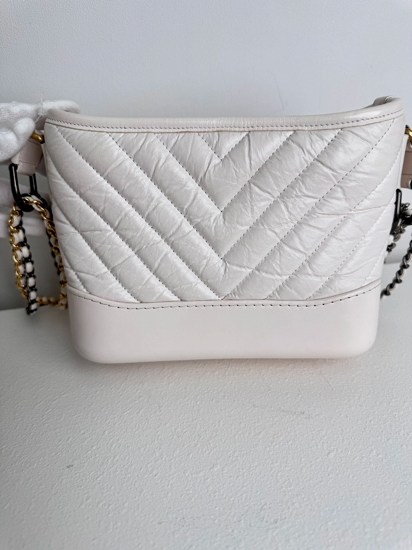 (A18) Chanel White Calfskin Chevron Small Gabrielle Gold/Silver/Ruthenium Hardware Series 29 Year 2020 Light Mark on Bottom
