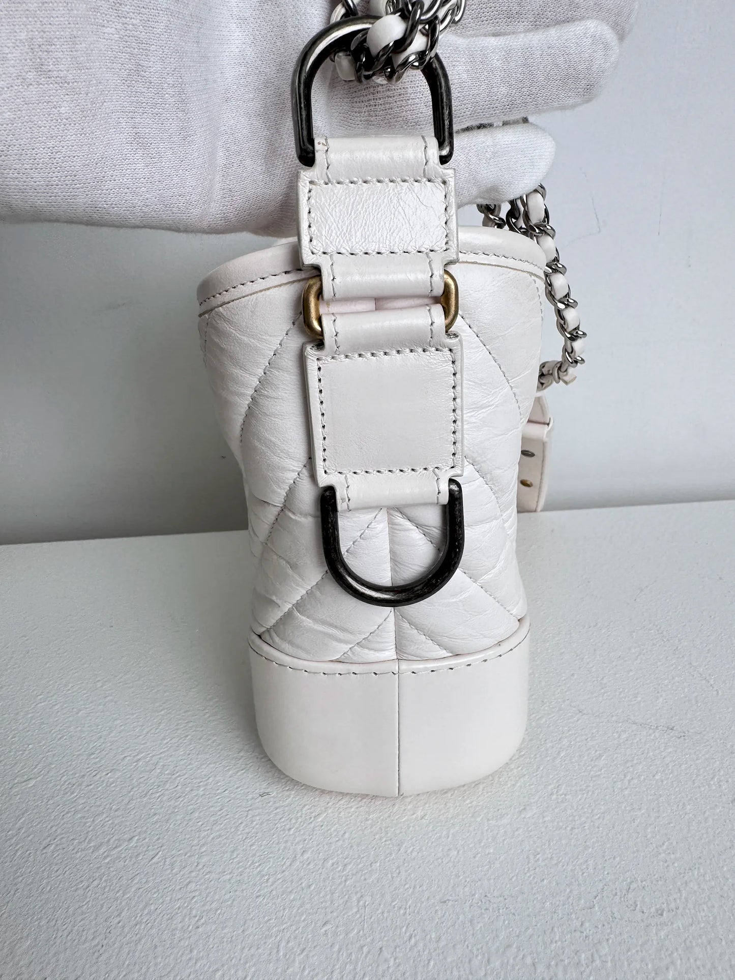 (A18) Chanel White Calfskin Chevron Small Gabrielle Gold/Silver/Ruthenium Hardware Series 29 Year 2020 Light Mark on Bottom