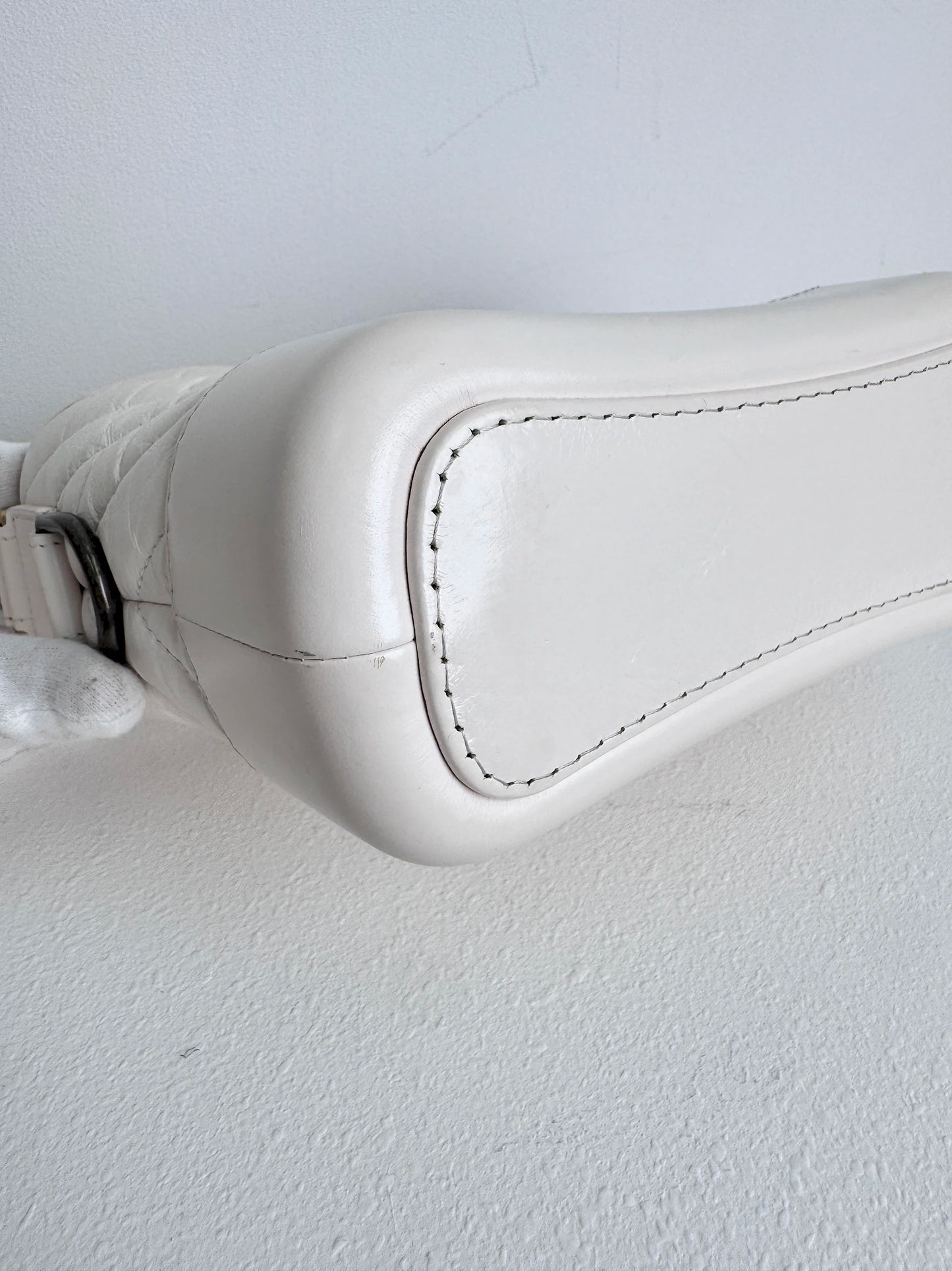 (A18) Chanel White Calfskin Chevron Small Gabrielle Gold/Silver/Ruthenium Hardware Series 29 Year 2020 Light Mark on Bottom
