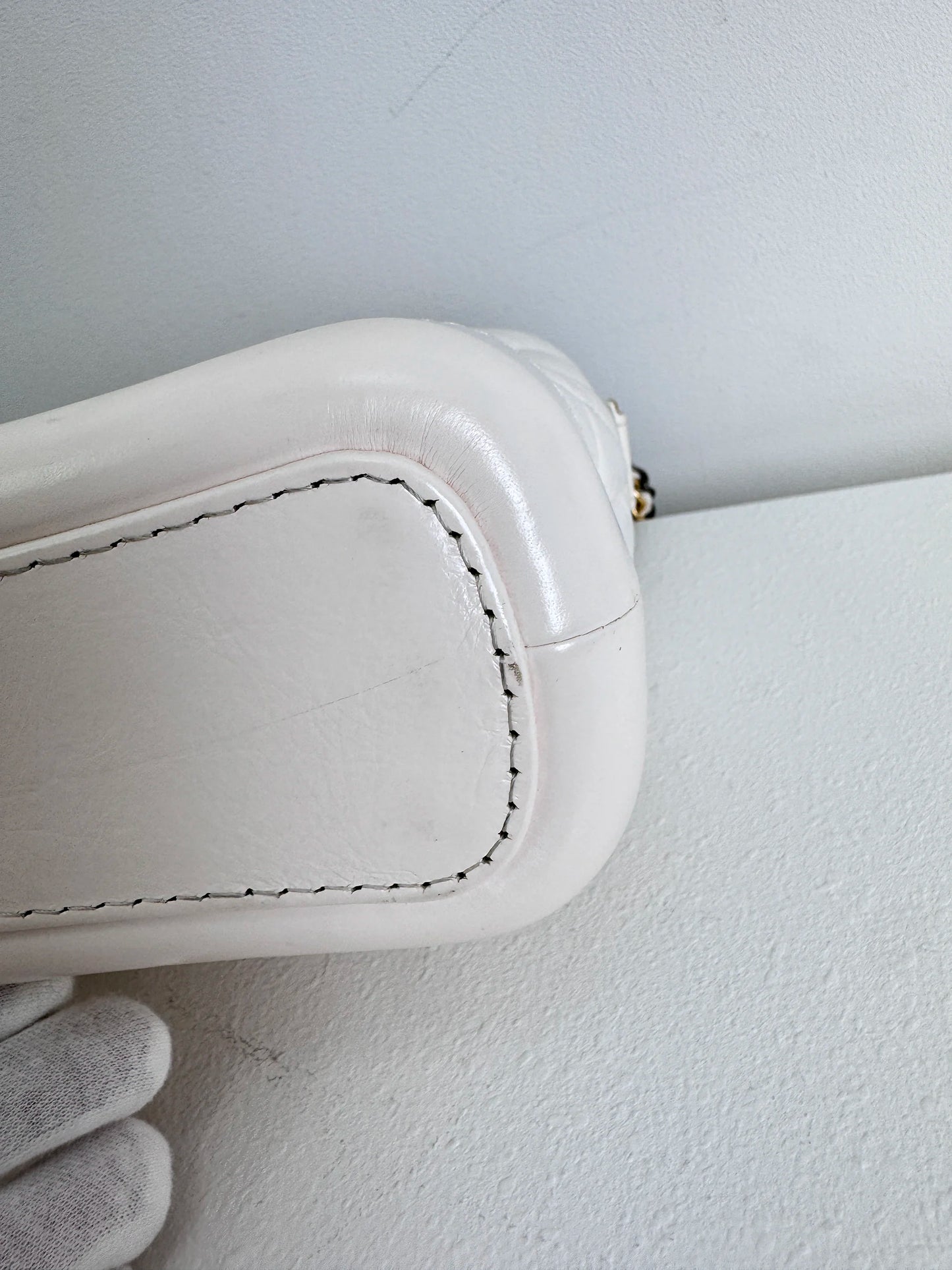 (A18) Chanel White Calfskin Chevron Small Gabrielle Gold/Silver/Ruthenium Hardware Series 29 Year 2020 Light Mark on Bottom