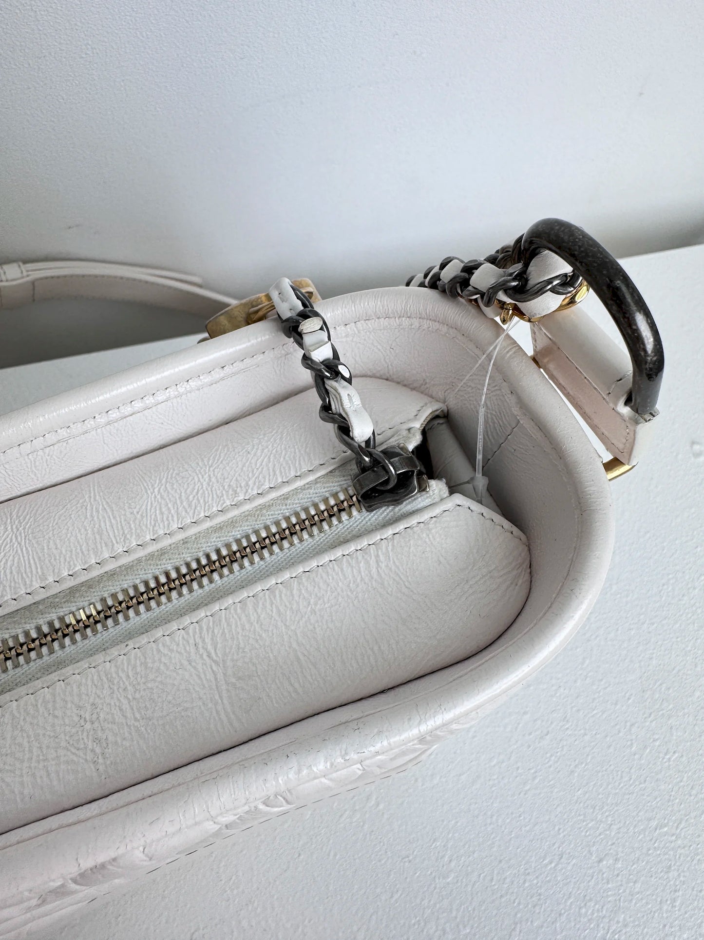 (A18) Chanel White Calfskin Chevron Small Gabrielle Gold/Silver/Ruthenium Hardware Series 29 Year 2020 Light Mark on Bottom