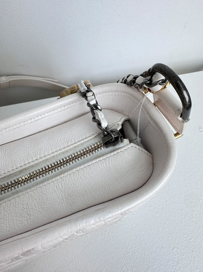 (A18) Chanel White Calfskin Chevron Small Gabrielle Gold/Silver/Ruthenium Hardware Series 29 Year 2020 Light Mark on Bottom