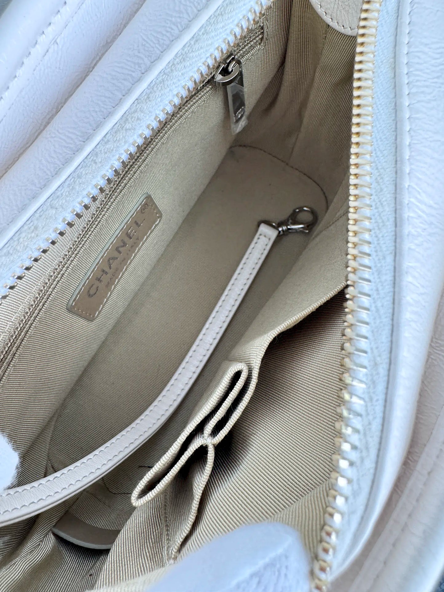 (A18) Chanel White Calfskin Chevron Small Gabrielle Gold/Silver/Ruthenium Hardware Series 29 Year 2020 Light Mark on Bottom