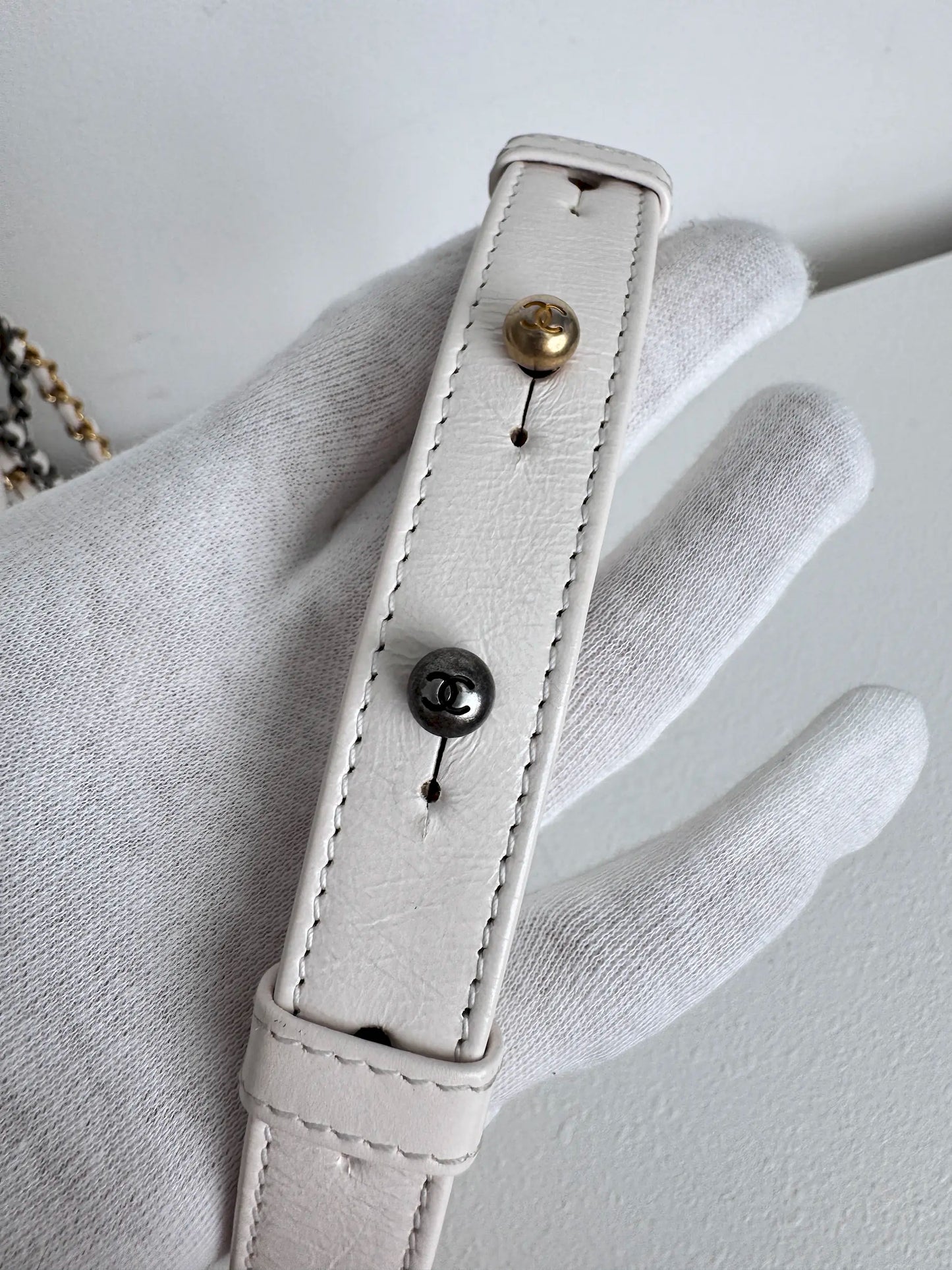 (A18) Chanel White Calfskin Chevron Small Gabrielle Gold/Silver/Ruthenium Hardware Series 29 Year 2020 Light Mark on Bottom