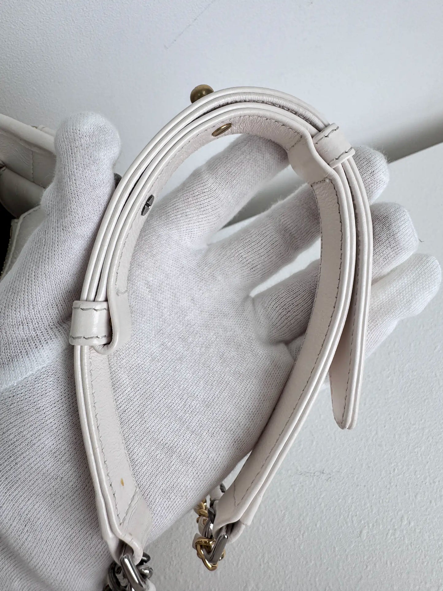 (A18) Chanel White Calfskin Chevron Small Gabrielle Gold/Silver/Ruthenium Hardware Series 29 Year 2020 Light Mark on Bottom