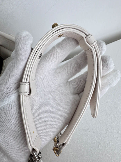 (A18) Chanel White Calfskin Chevron Small Gabrielle Gold/Silver/Ruthenium Hardware Series 29 Year 2020 Light Mark on Bottom