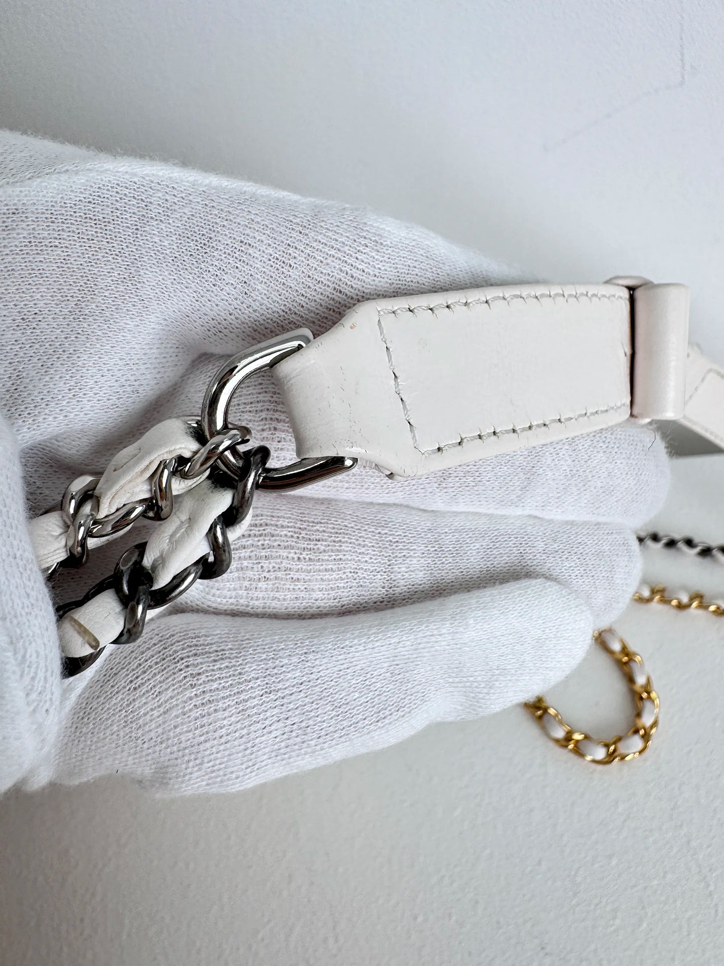 (A18) Chanel White Calfskin Chevron Small Gabrielle Gold/Silver/Ruthenium Hardware Series 29 Year 2020 Light Mark on Bottom