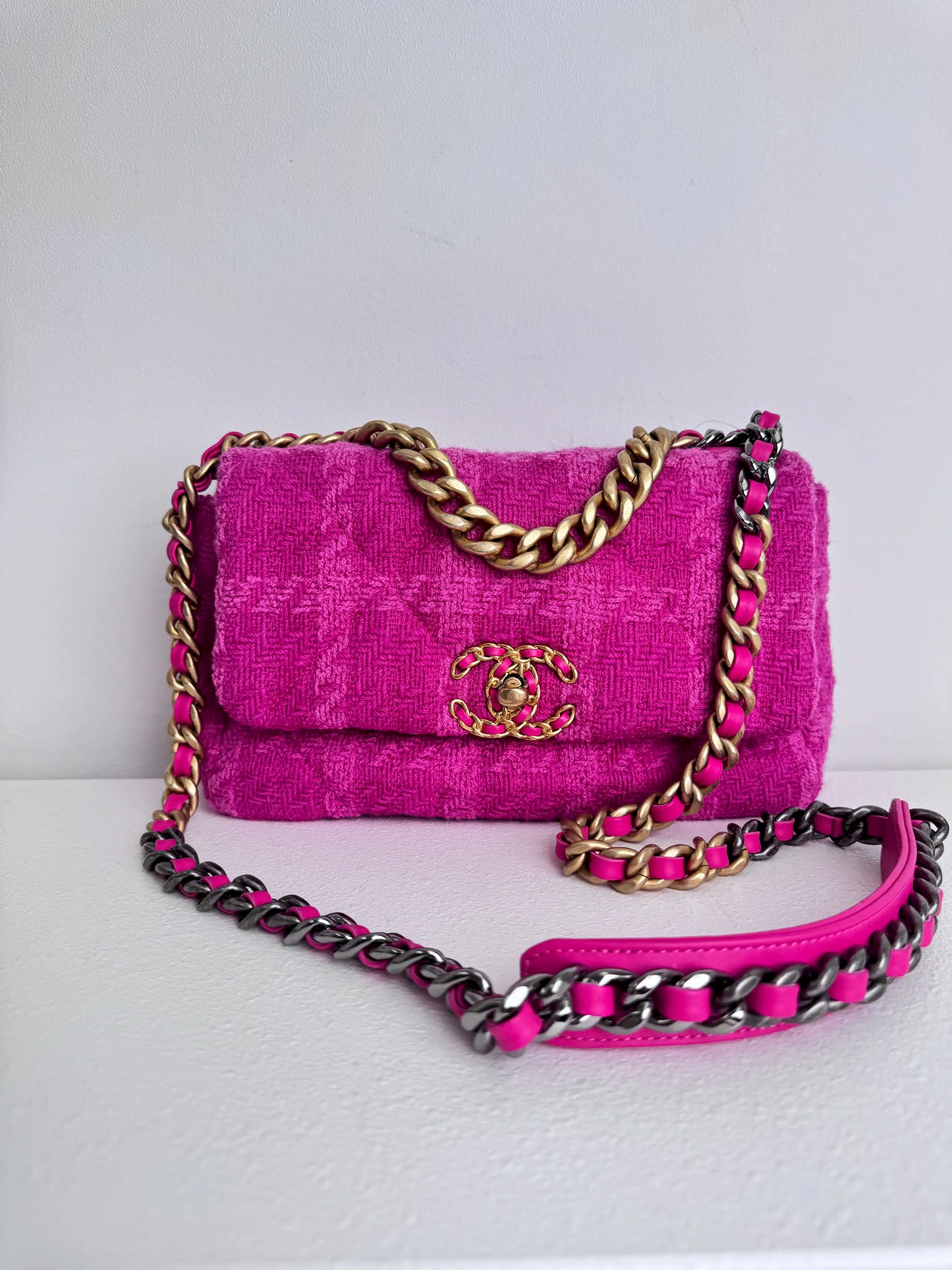 (A36) Chanel Pink Tweed Medium 19 Flap Bag Gold/Silver/Ruthenium Hardware