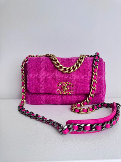 (A36) Chanel Pink Tweed Medium 19 Flap Bag Gold/Silver/Ruthenium Hardware