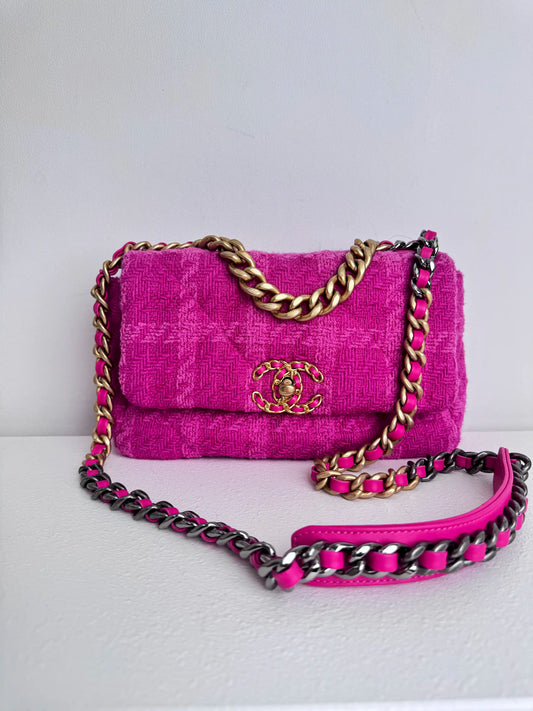 (A36) Chanel Pink Tweed Medium 19 Flap Bag Gold/Silver/Ruthenium Hardware