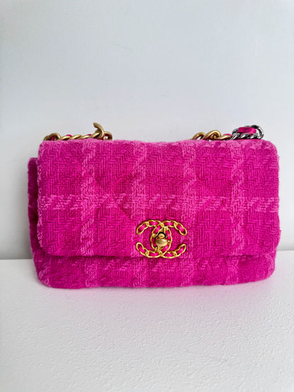 (A36) Chanel Pink Tweed Medium 19 Flap Bag Gold/Silver/Ruthenium Hardware